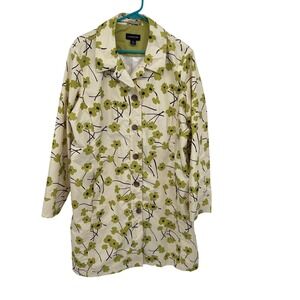 Lands End Womens XL Cream Green Floral Print Lightweight Trench Coat Jacket